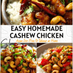 Bowl of homemade cashew chicken with honey glaze and roasted cashews served over rice